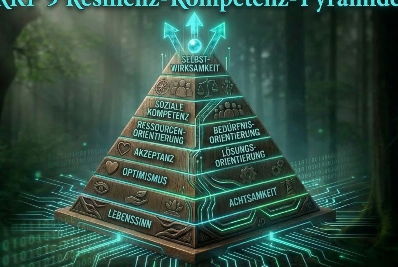 Resilienz-Pramide Pyramide mit 9 Kompetenzstufen in einem futuristischen, digitalen Wald-Hintergrund.