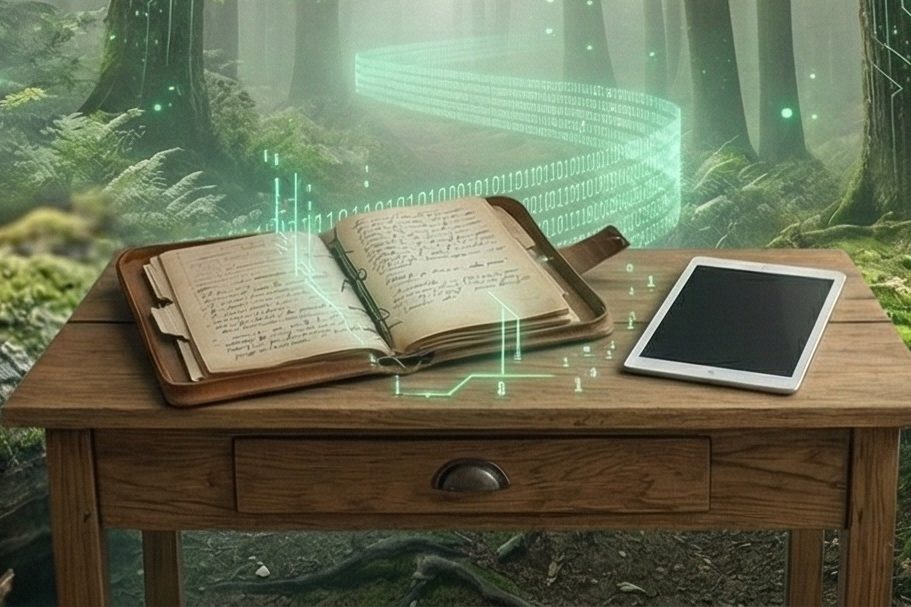 Beziehungskontinuität Ein Mann und ein Junge arbeiten gemeinsam an einem Holzschnitzprojekt im Wald.